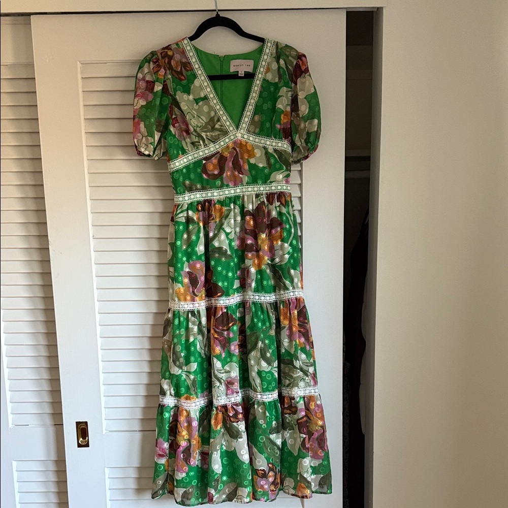 Adelyn Rae Green Floral Dress with Lace Trim